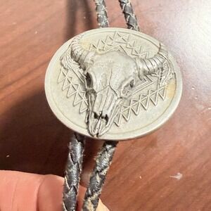 Siskiyou 1993 pewter eagle Western Black Braided Leather Lariat Necklace w/Tips